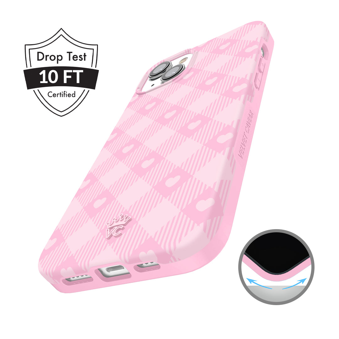 Pink Gingham iPhone Case for iPhone 13/14/15 - Cute Floral Pattern Protective Phone Cover - Perfect for Women, Girls, Teens - Great for Everyday Use, Work, School & Travel