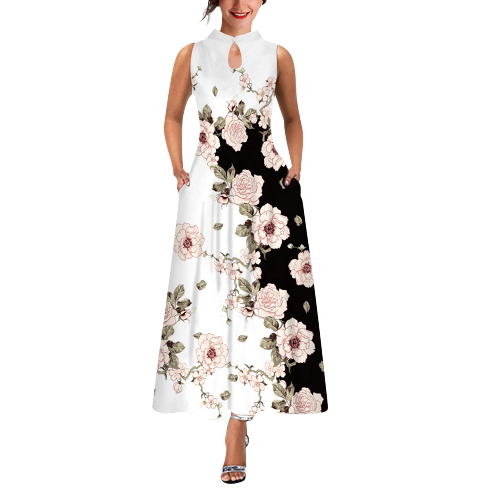 Women's Summer Sleeveless Floral Print Maxi Dress - Boho Beach Sundress with Stand Neck & Loose Fit | Perfect for Vacation, Pool Party & Casual Outings