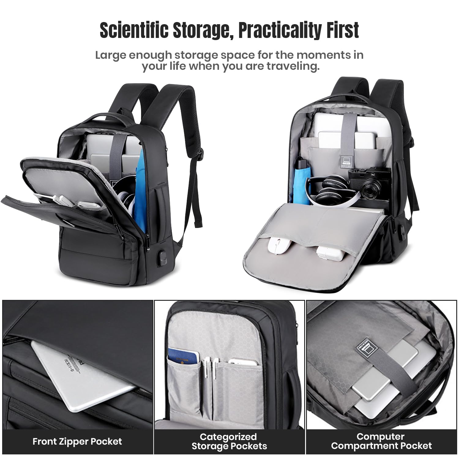 Expandable 16 Inch Laptop Backpack with USB Charging Port - Water-Resistant Business & College Backpack for Men & Women - Perfect for Work, Travel & School - Black