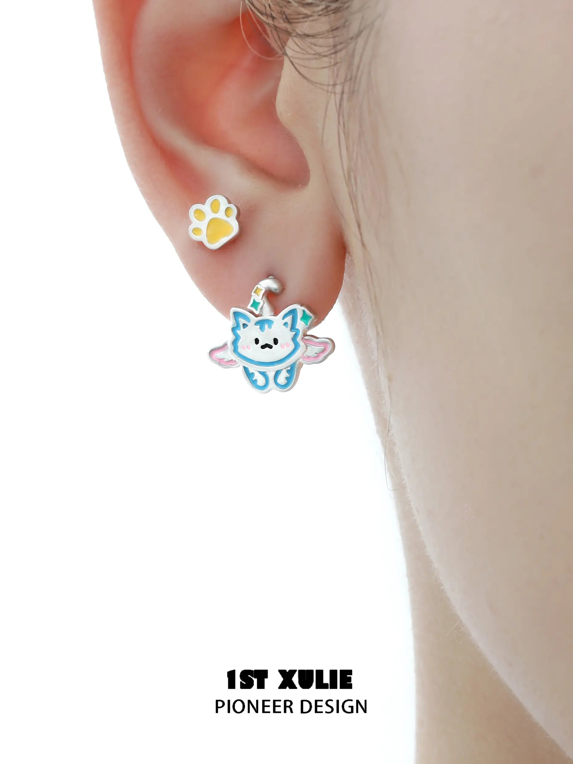 18k Platinum Plated Kitten & Puppy Hand-Painted Resin Earrings | Colorful Animal Stud Earrings for Women | Perfect Gift for Cat & Dog Lovers, Casual Wear & Special Occasions