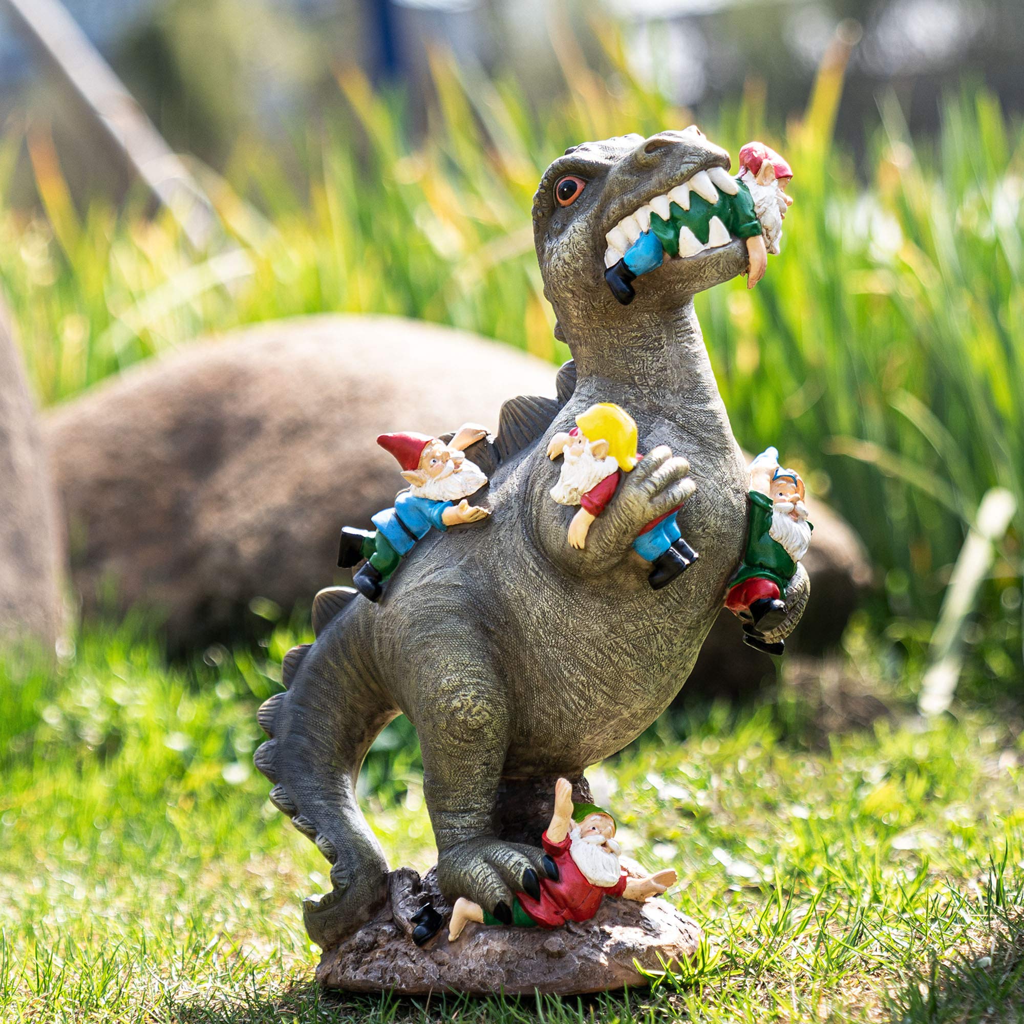Dinosaur Garden Gnomes Statues - 14 Inch Outdoor Yard Decor for Patio, Lawn & Garden - Unique Gardening Gifts for Women & Housewarming - Perfect for Backyard Decorations, Front Porch Displays & Themed Garden Parties