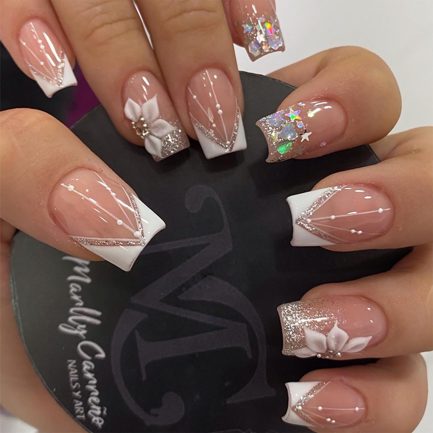24pcs Short Square Press on Nails - French Tip Fake Nails with White Flower & Star Glitter Design | Luxury Nail Charms for Women | Perfect for Parties, Weddings & Daily Manicure