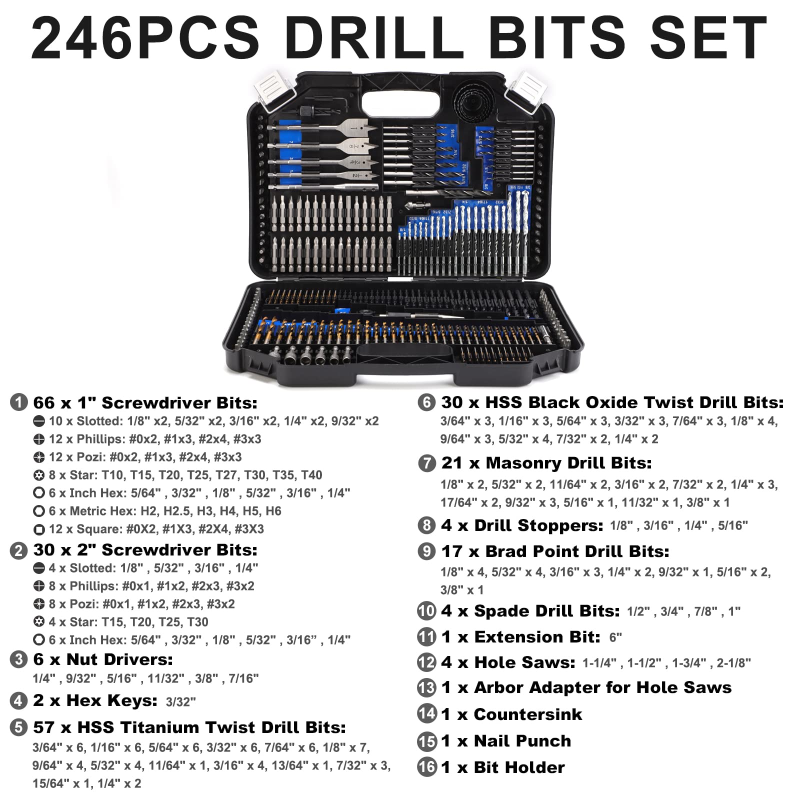 COMOWARE 246-Piece Drill Bit Set for Cordless Drills - High-Speed Steel Bits for Wood, Metal, Masonry & Concrete - Includes Screwdriver Bits - Perfect for DIY Projects, Home Repairs & Construction Work