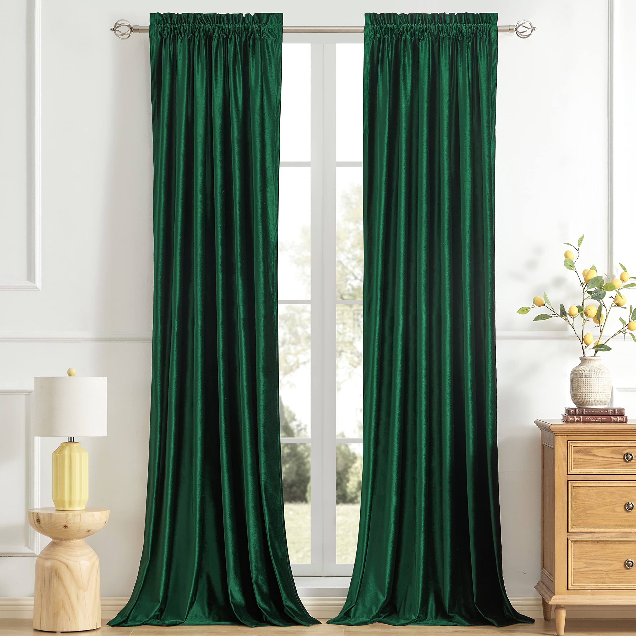 PRIMROSE 84 Inch Emerald Green Velvet Blackout Curtains - Set of 2 Panels with Rod Pocket for Living Room & Bedroom | Thermal Insulated Window Drapes for Light Blocking, Privacy & Home Decor (Darkening Treatment Room)