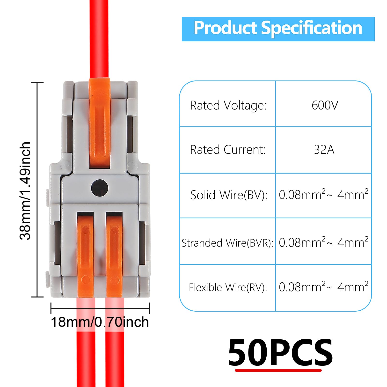 50PCS Lever Wire Connectors - 1 in 2 Out Quick Connect Electrical Terminals for AWG 28-12 Wires | Secure Push-in Conductor Blocks for Home Wiring, DIY Projects & Electrical Repairs