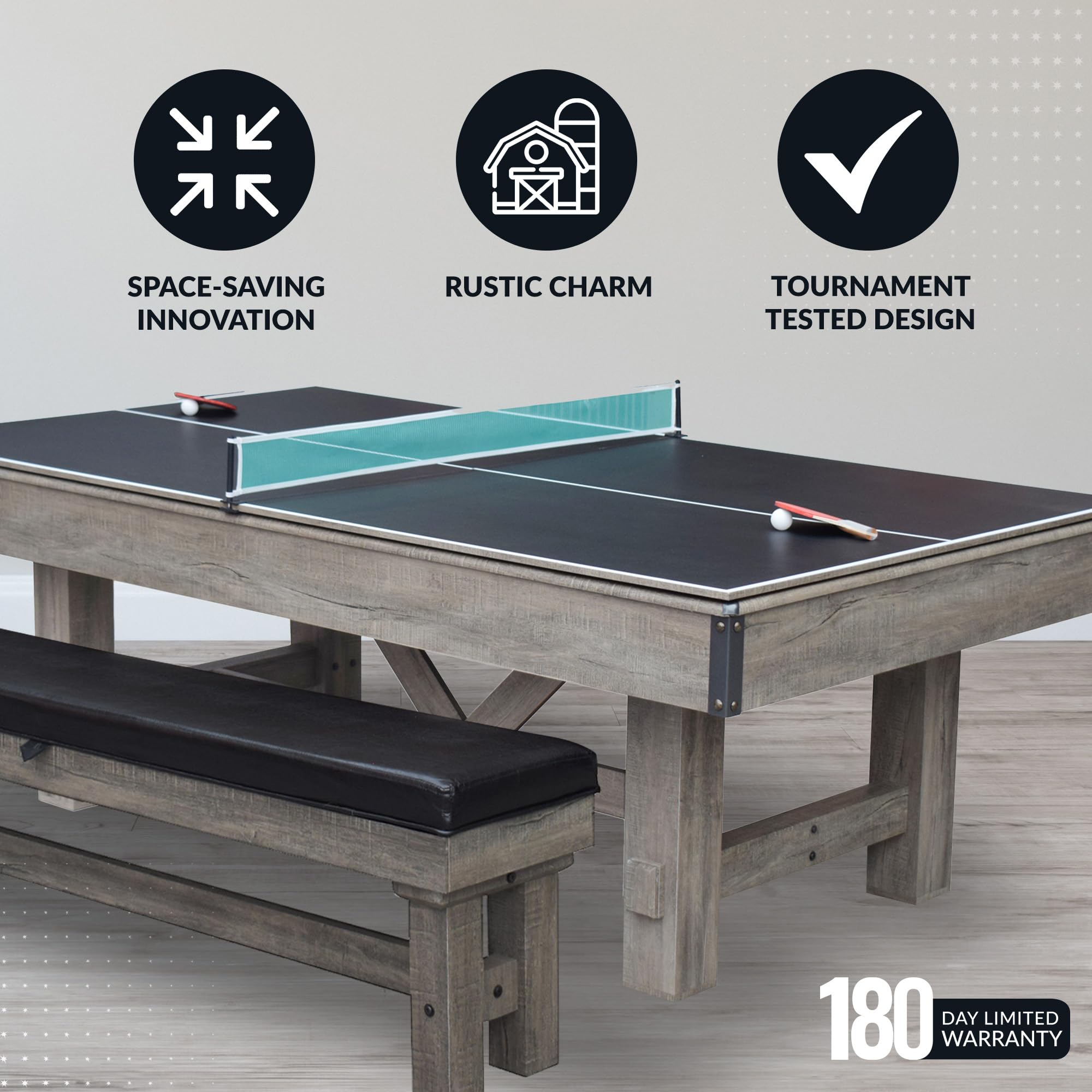 Hathaway Logan 7-Foot Pool Table Combo Set with Benches - Rustic Gray with Blue Felt, Barnwood Style for Game Rooms and Man Caves