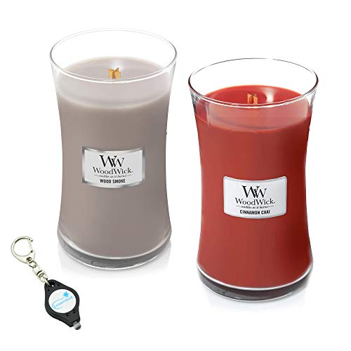 WoodWick Large Hourglass Candle Set - 2 Pack with Crackling Wooden Wicks & Aromatherapy Scents (Cinnamon Chai & Wood Smoke) - Includes Free Keychain Light - Perfect for Home Decor, Relaxation & Gifts