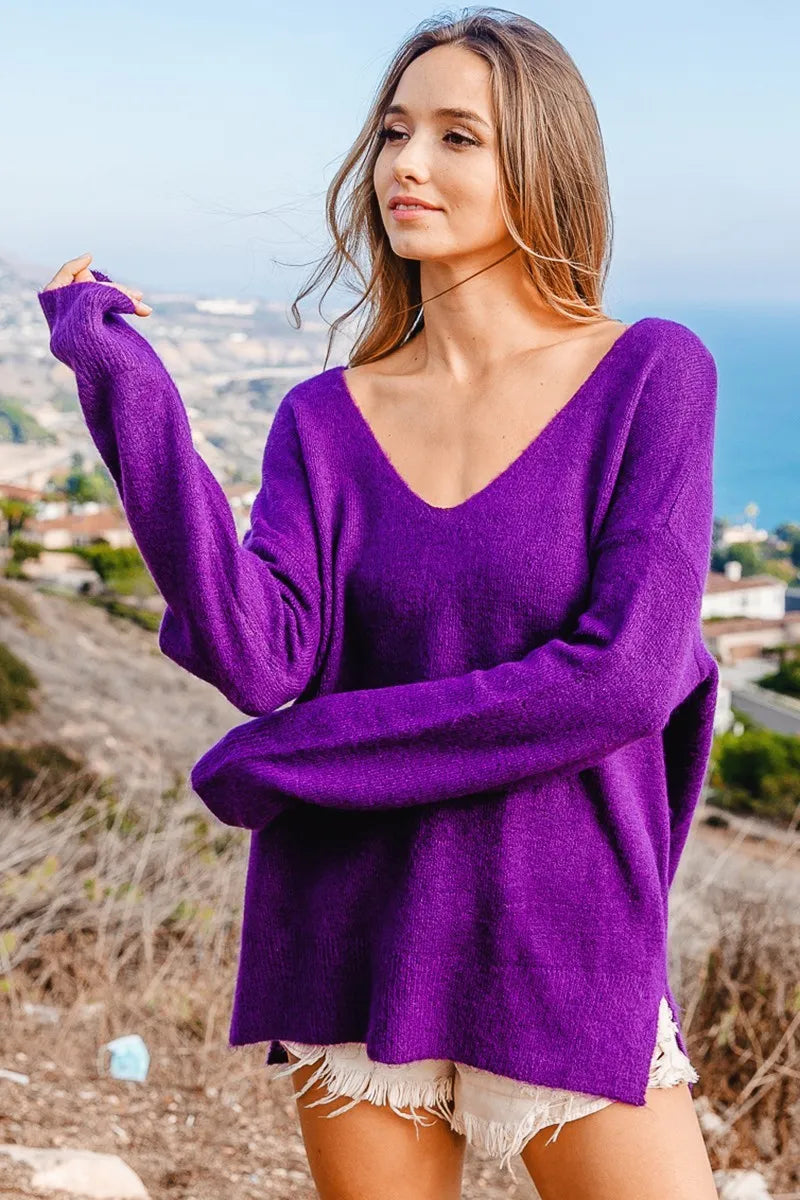 BiBi Loose Fit Deep U Neck Sweater Top for Women - Soft Knit Casual Pullover for Fall & Winter - Perfect for Office, Date Night and Weekend Outfits