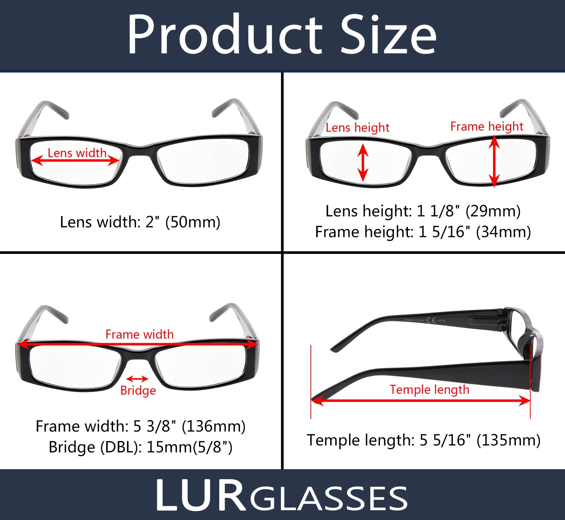 LUR Reading Glasses 5-Pack with Sun Readers - Lightweight Blue Light Blocking Glasses for Reading, Computer Use, and Outdoor Activities