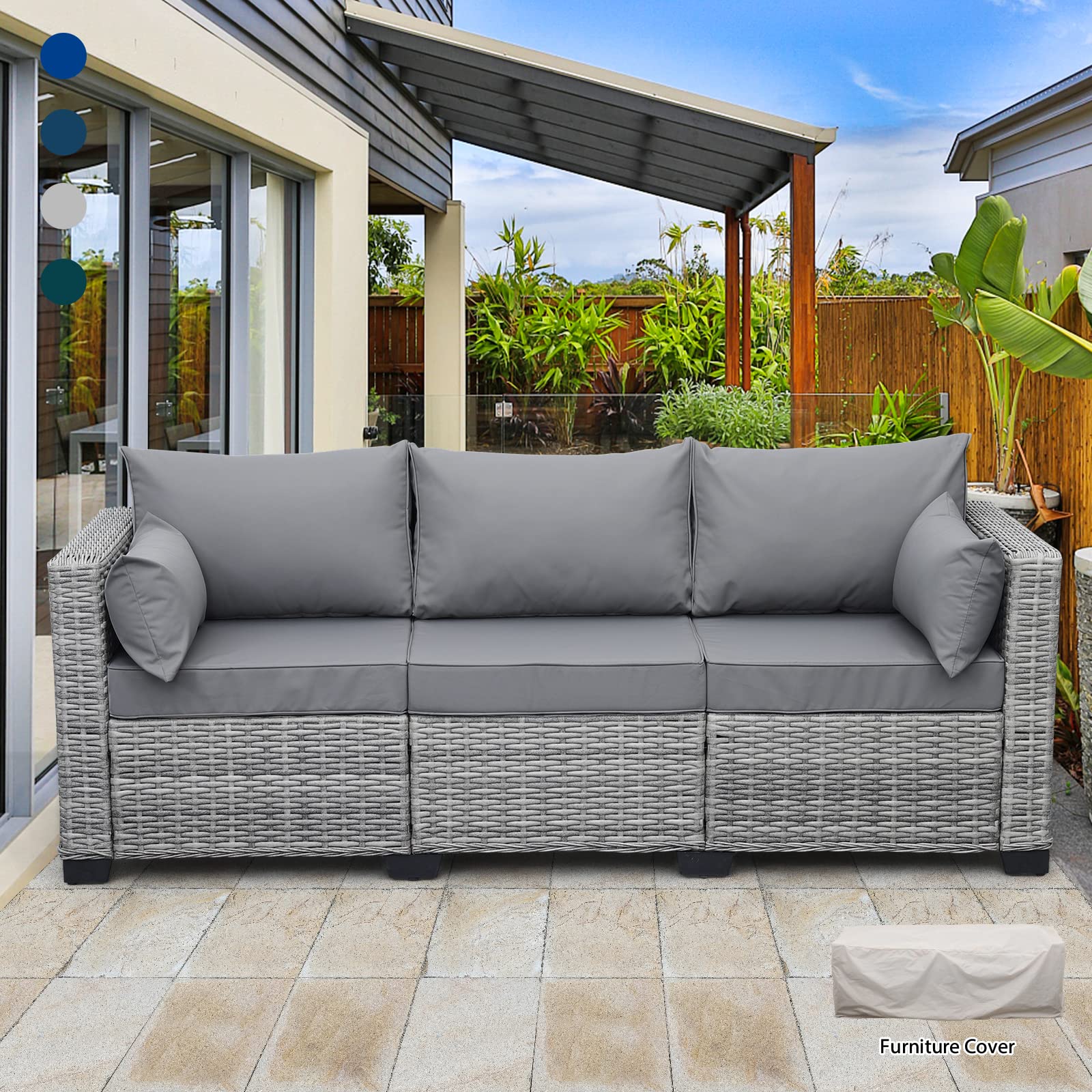 Rattan Outdoor Furniture 3-Seater Patio Sofa - Grey Wicker Deep Seat Couch with High Backrest, Waterproof Cover & Anti-Slip Cushions for Garden, Poolside, and Backyard Relaxation