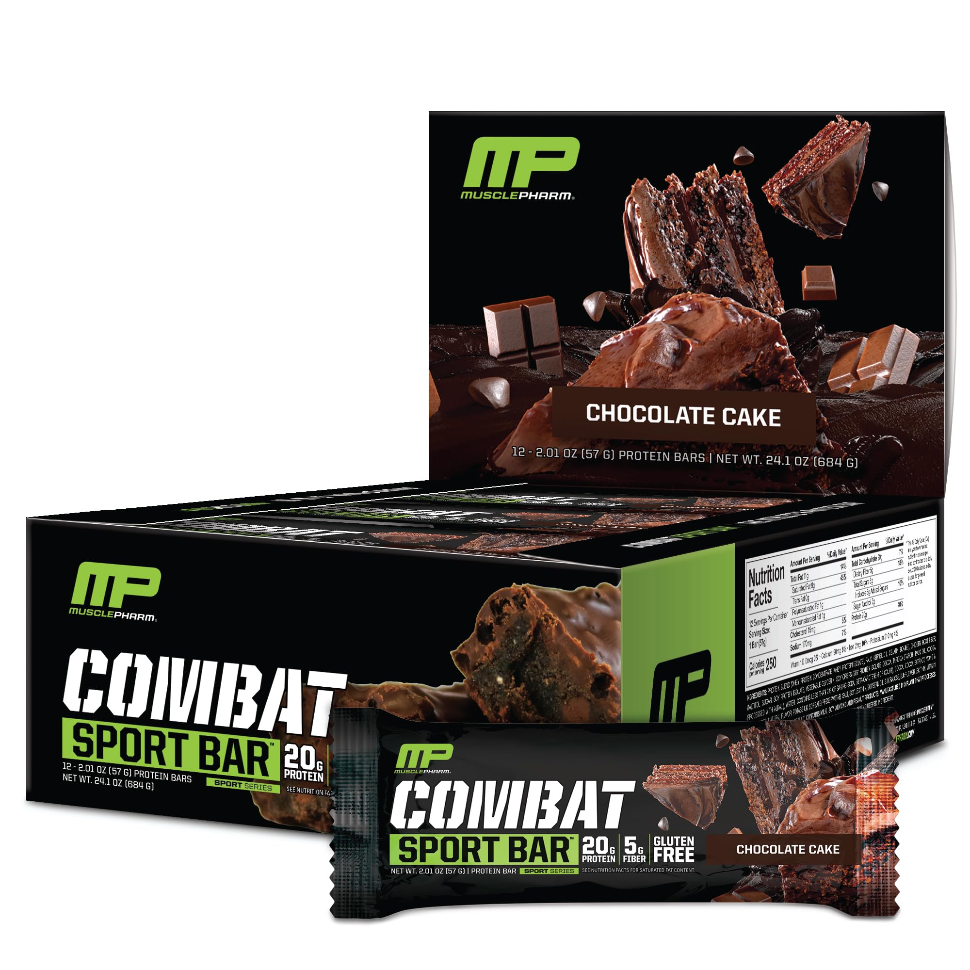 MusclePharm Combat Sport Bar - Chocolate Cake Flavor | 20g Whey Protein, 5g Fiber | Gluten Free High Protein Snack for Athletes | Pre-Workout Energy & Post-Workout Recovery | 12 Bars Pack