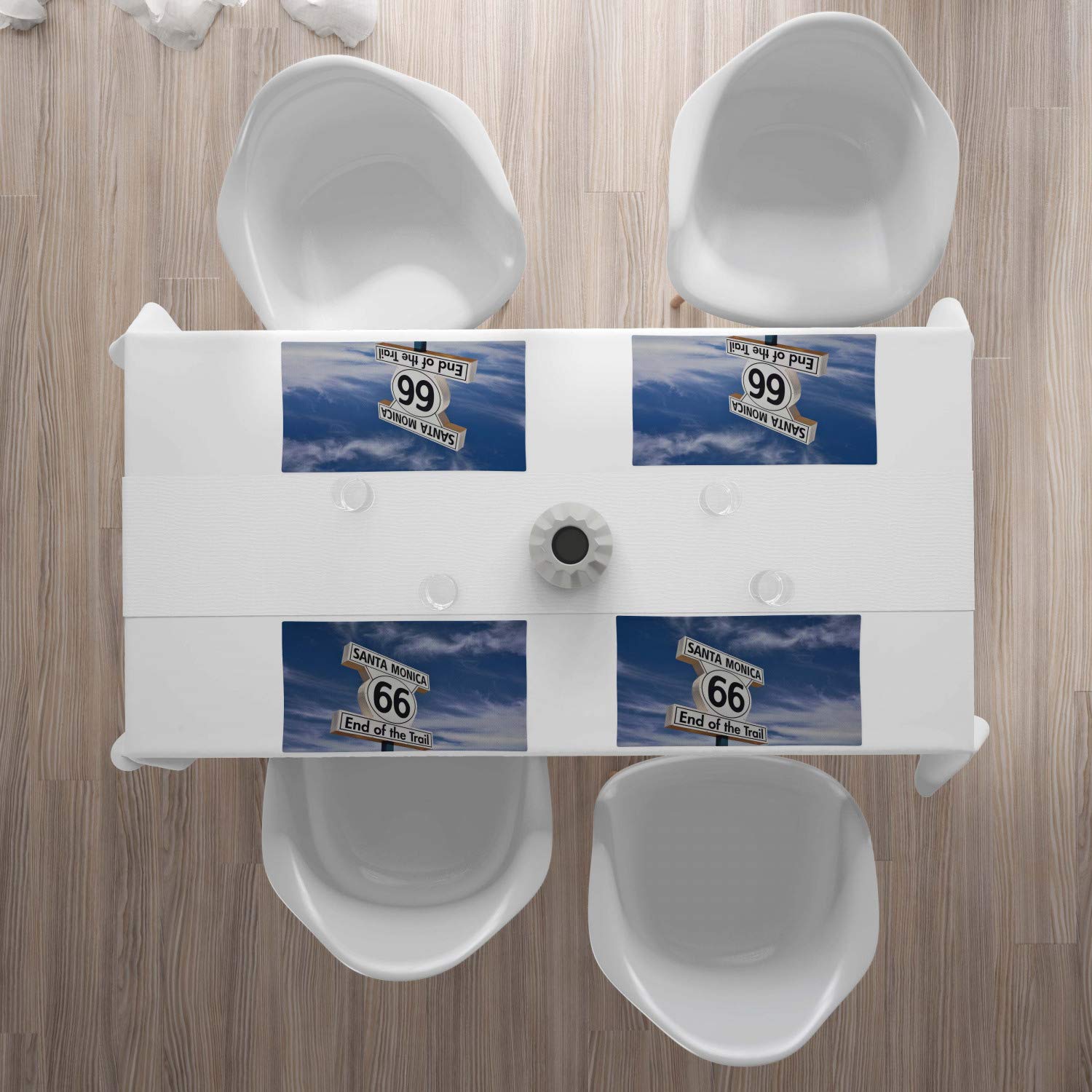 Lunarable Santa Monica Place Mats Set of 4 - Route 66 Highway Sign Design, Washable Fabric Dining Table Mats in Blue, White & Black - Perfect for Home Decor, Kitchen, and Restaurant Use