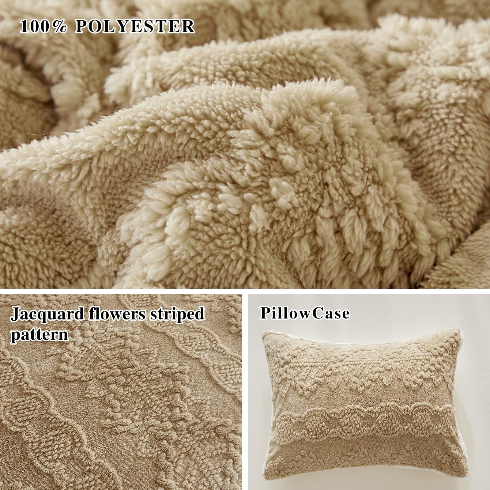 Luxury Flannel Fleece Sherpa Comforter Set - Twin Size Jacquard Boho Stripes Down Alternative Comforter in Khaki - Ultra Soft & Warm 3-Piece Bedding Set for Winter (1 Comforter + 2 Pillowcases) - Perfect for Cozy Nights, Guest Rooms & Cold Weather Comfort