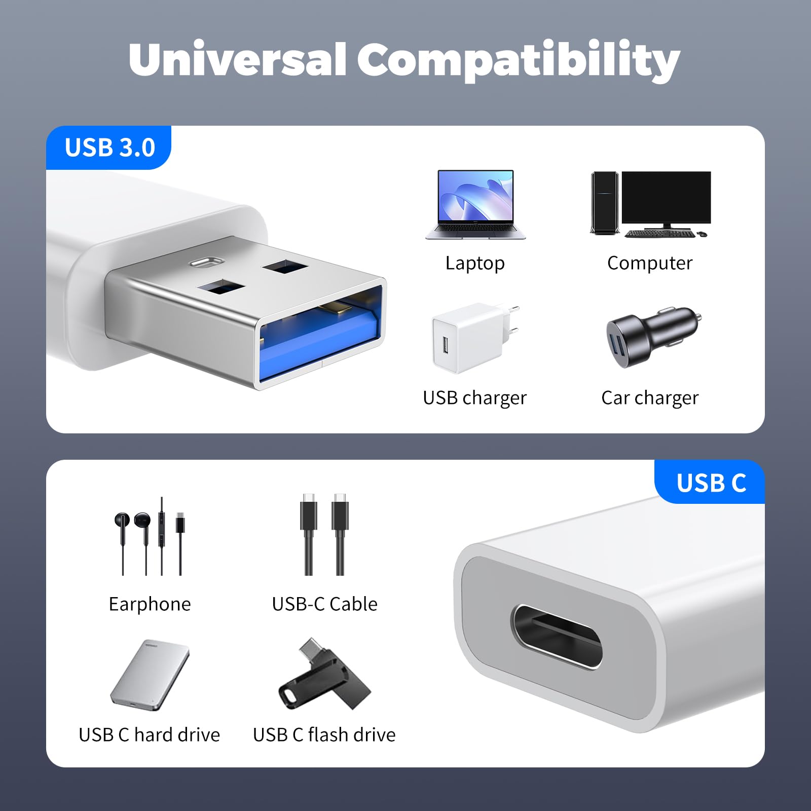 2-Pack USB to USB-C Adapter | USB-C Female to USB Male OTG Converter | Compatible with iPhone 15/14/13 Pro Max, iPad Air 5/Mini 6, Apple Watch Ultra, AirPods & Samsung Devices | Fast Charging for Home, Car & Travel