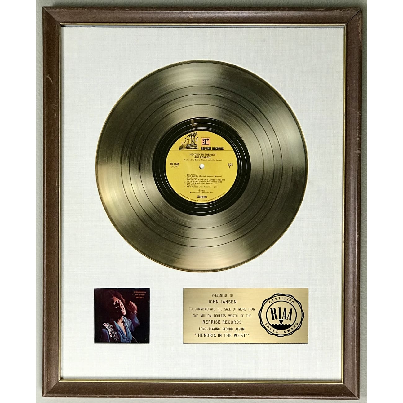 Jimi Hendrix Hendrix In The West White Matte RIAA Gold LP Award - Rare Vinyl Record Collector's Edition for Music Enthusiasts & Vintage Decor