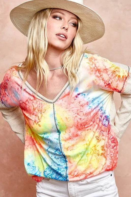 BiBi Print Block V Neck Top with Contrast Stitching - Stylish Women's Casual Blouse for Work, Date Night & Summer Outfits