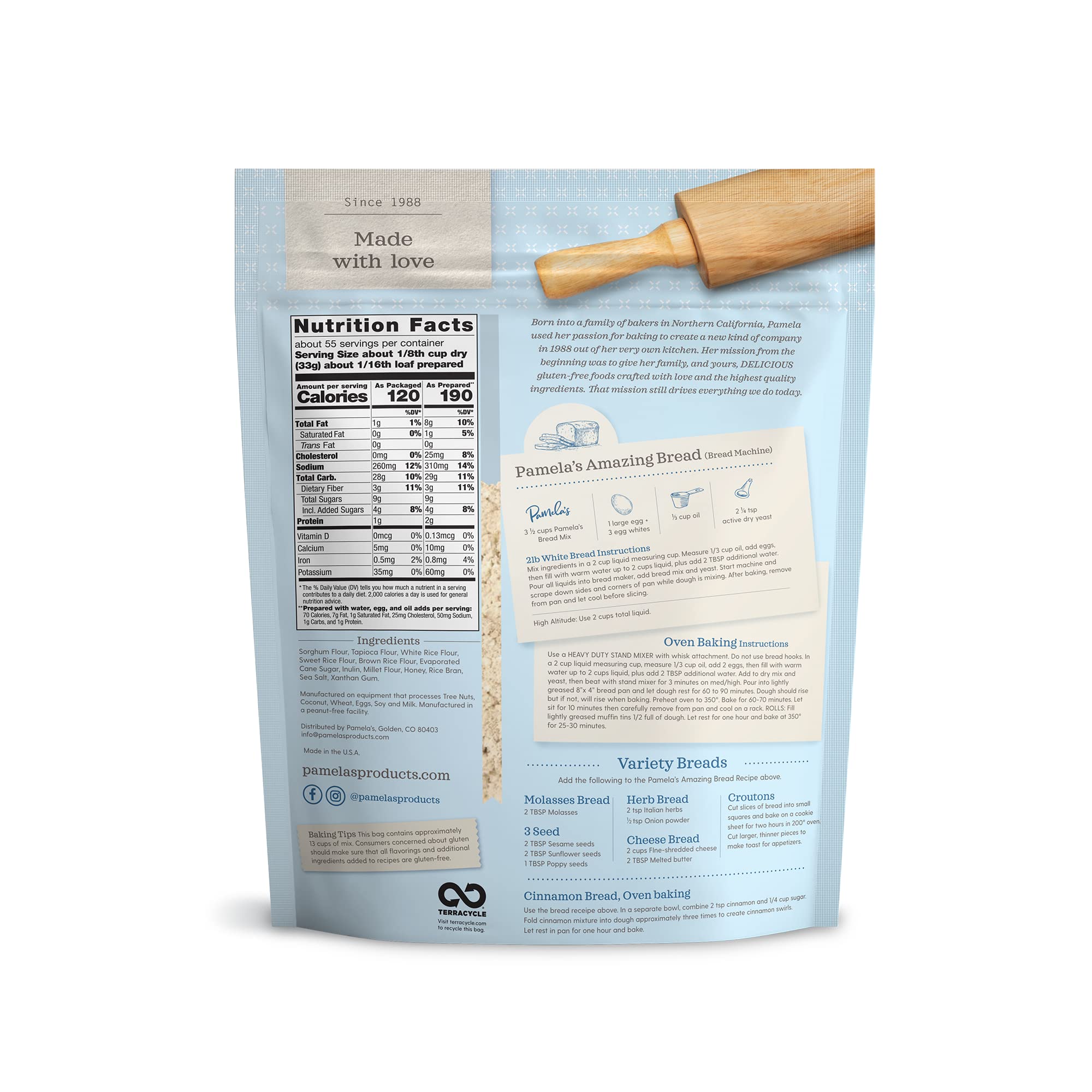 Pamela's Products Gluten Free Bread Mix - 4lb (64oz) All-Purpose Baking Flour for Homemade Bread, Cakes & Cookies | Perfect for Celiac Diet, Vegan & Allergy-Friendly Baking