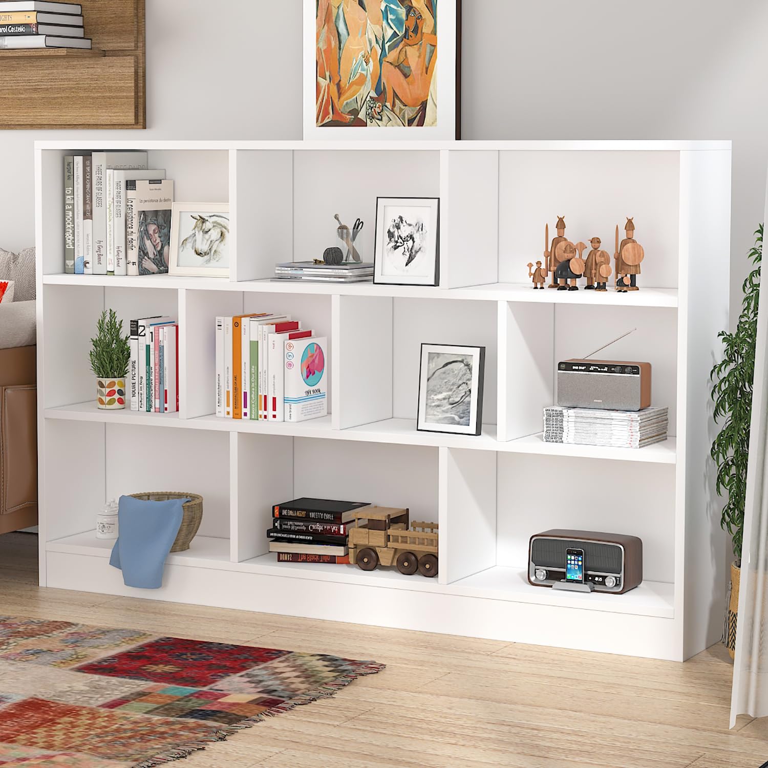 AIEGLE 10-Cube Bookshelf - 3-Tier Wooden Storage Organizer for Kids Bedroom, White Modern Bookcase (55.1