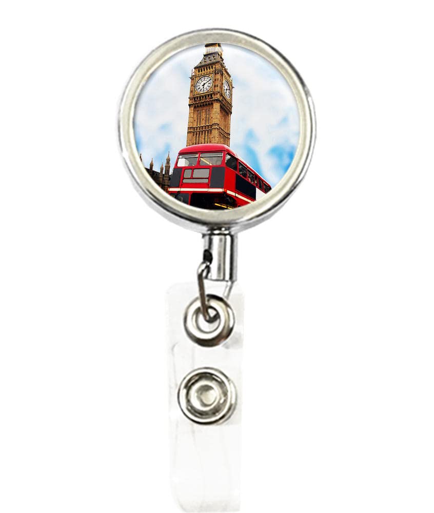 RhyNSky London Red Bus & Big Ben Retractable ID Badge Holder with Belt Clip - Silver (C1577) - Perfect for Business, Office, and Travel Use