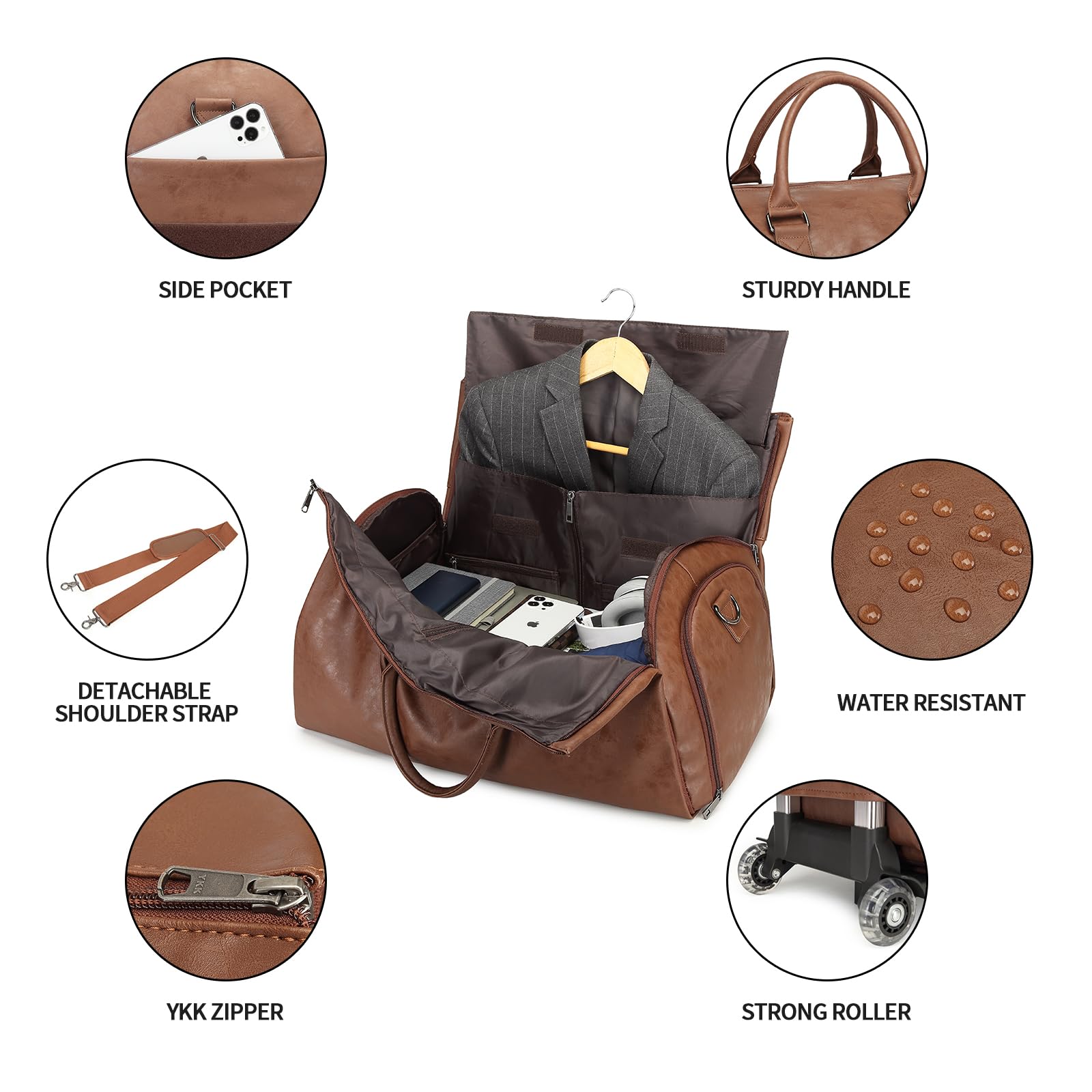 Convertible Rolling Garment Bag with Wheels - Duffle & Carry-On Luggage for Travel, Business Trips & Weekenders (Brown) | Perfect for Airplane, Train & Road Trips