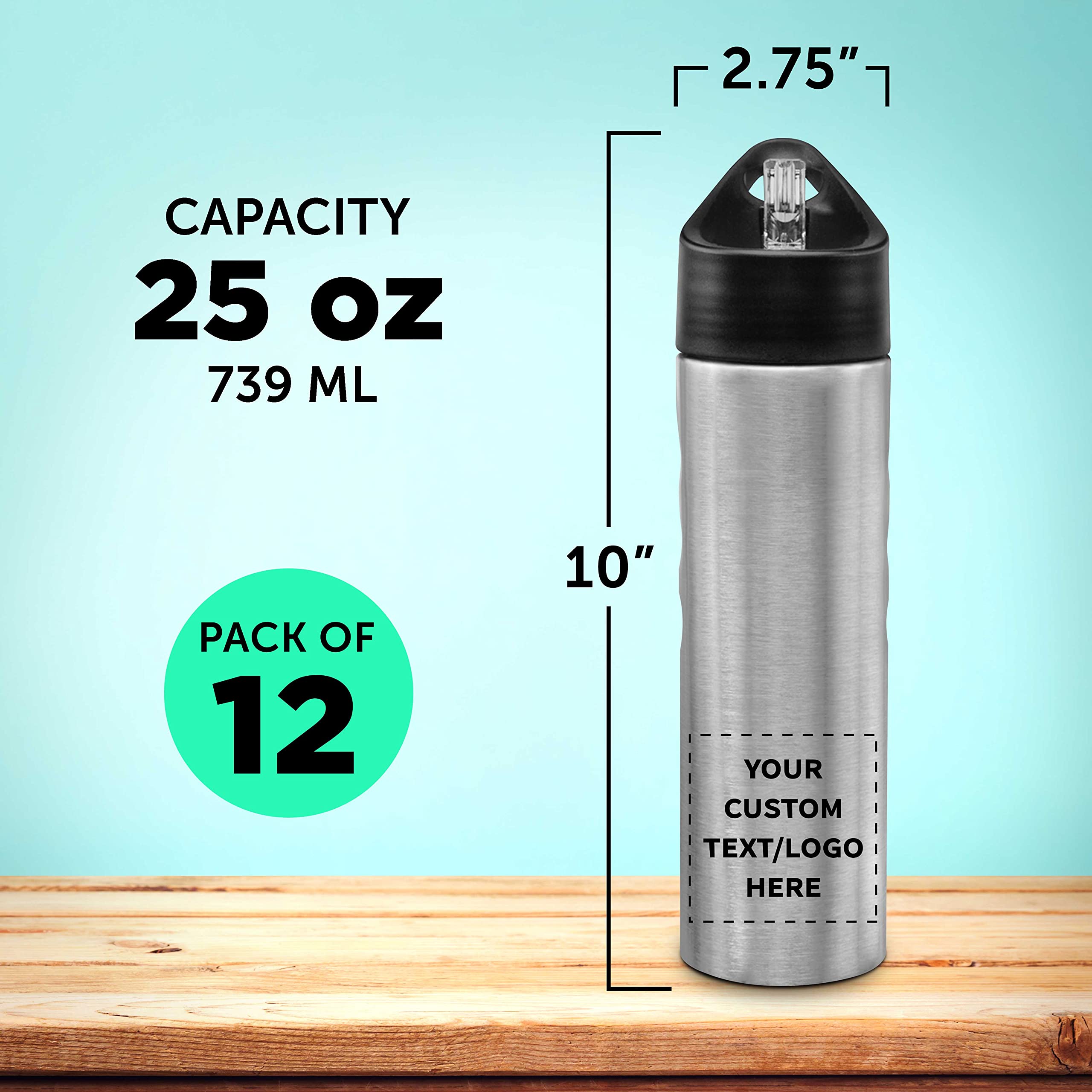 Custom Slim Stainless Steel Water Bottles 25oz (12 Pack) - Personalized Text & Logo - Reusable Gym & Sports Bottles - Bulk Pack Silver - Perfect for Workouts, Hiking, Office & School Hydration