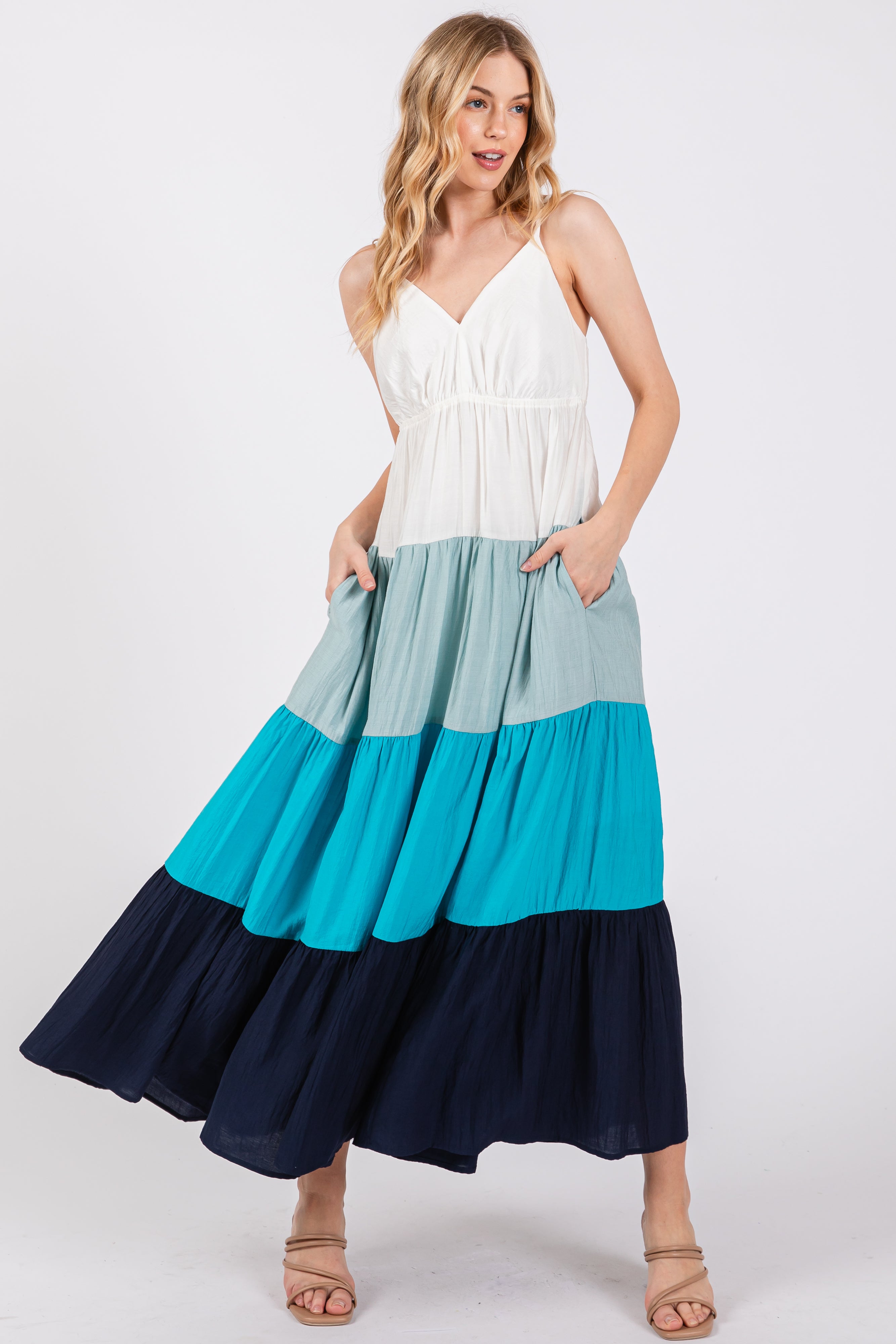 Aqua V-Neck Tiered Color Block Midi Dress for Women - Summer Casual Flowy Beach Dress for Vacation, Party & Date Night