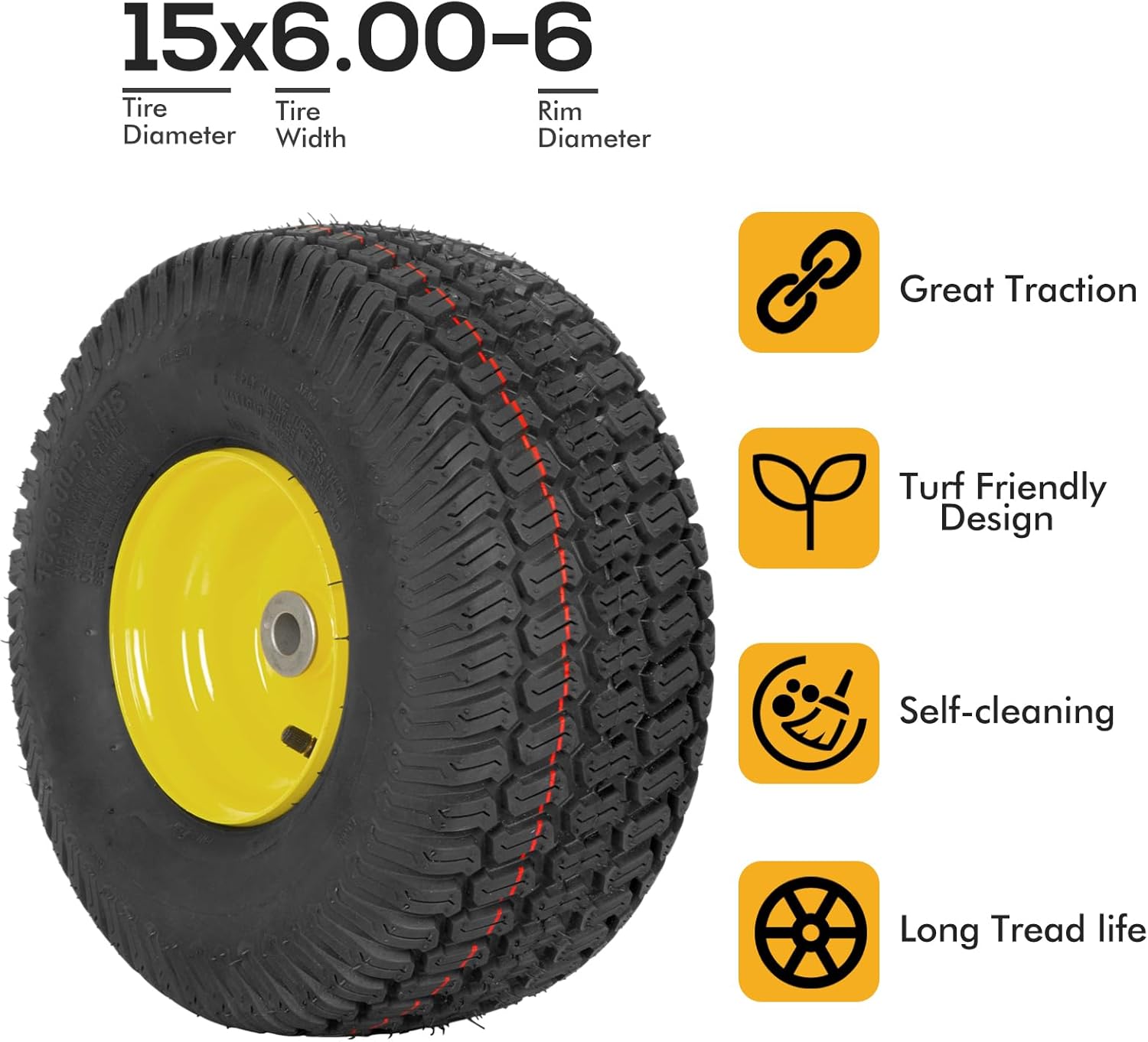 2PCS 15x6.00-6 Tubeless Front Tires with Wheels - Replacement for John Deere 100 & 300 Series Riding Lawn Mowers, 3 Offset Hub, Fits 3/4