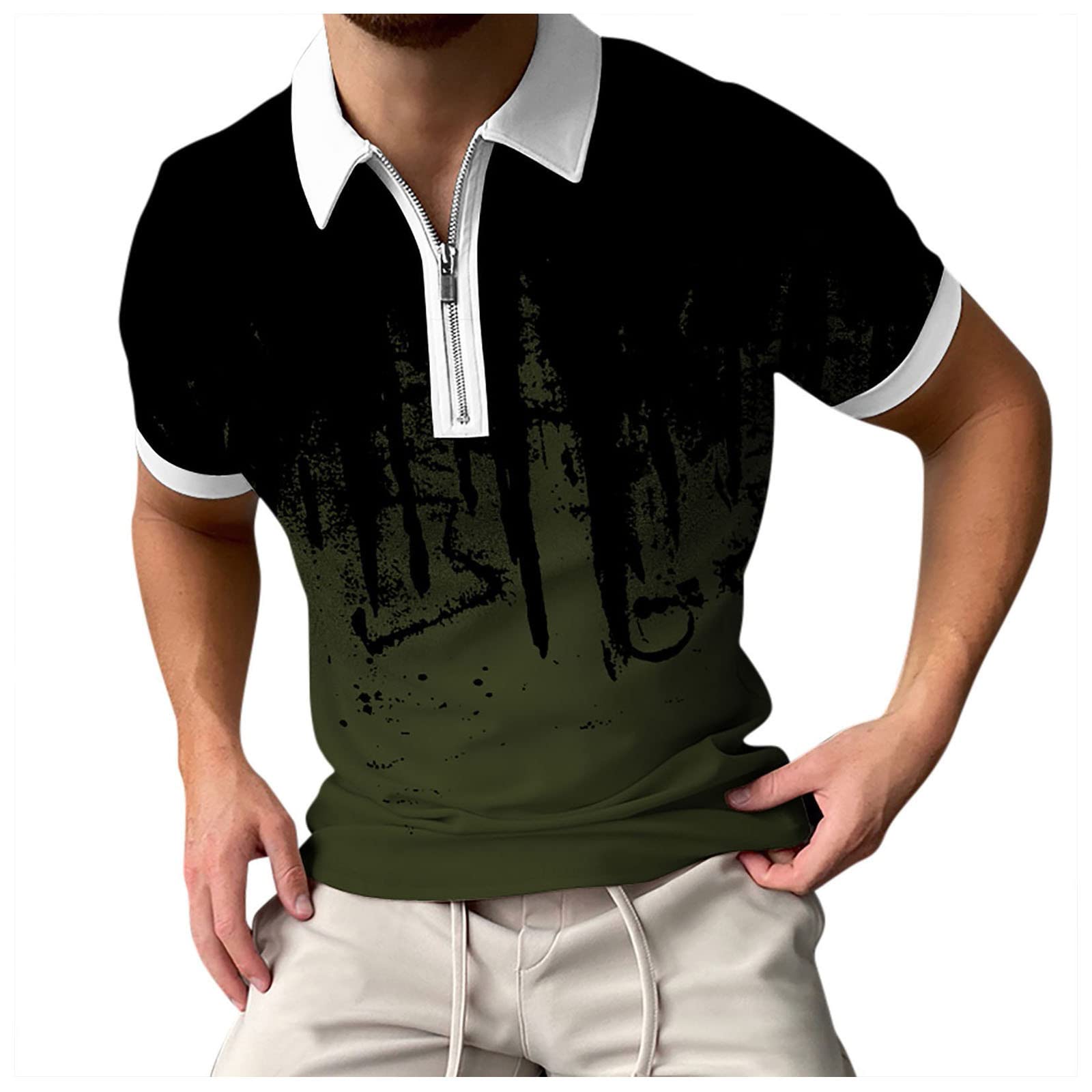Men's Short Sleeve Ink Splatter Print Zipper Button Shirt - Casual Summer Spring White T-Shirt Blouse for Outdoor Activities & Streetwear Fashion