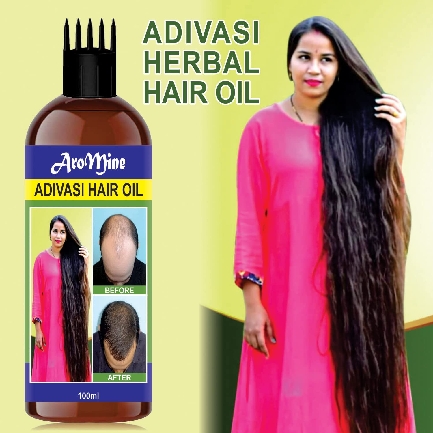 Aromine Adivasi Herbal Hair Oil for Hair Growth & Fall Control - 100ml with Comb Applicator | Natural Ayurvedic Treatment for Thicker, Stronger Hair | Perfect for Daily Scalp Massage & Hair Care Routine