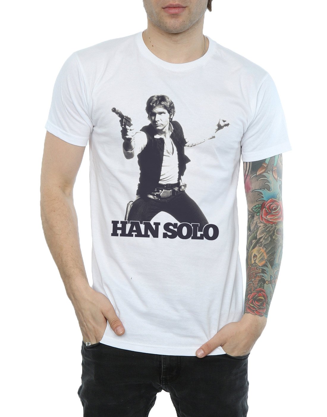 Star Wars Han Solo Retro Photo T-Shirt for Men - White Large Size - Casual Wear, Cosplay & Gift for Fans