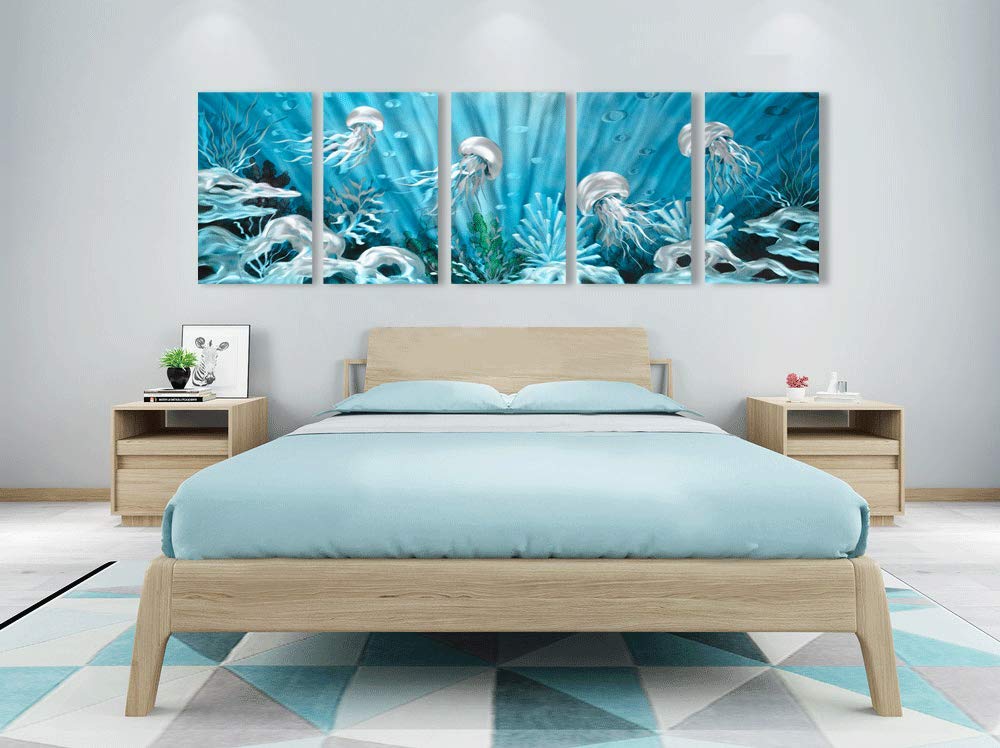 Yihui Arts Blue Deep Sea Metal Wall Art - Large 3D Jellyfish Ocean Design Metal Wall Decor for Living Room, Bedroom, Office (5-Panel Modern Contemporary Wall Sculpture)