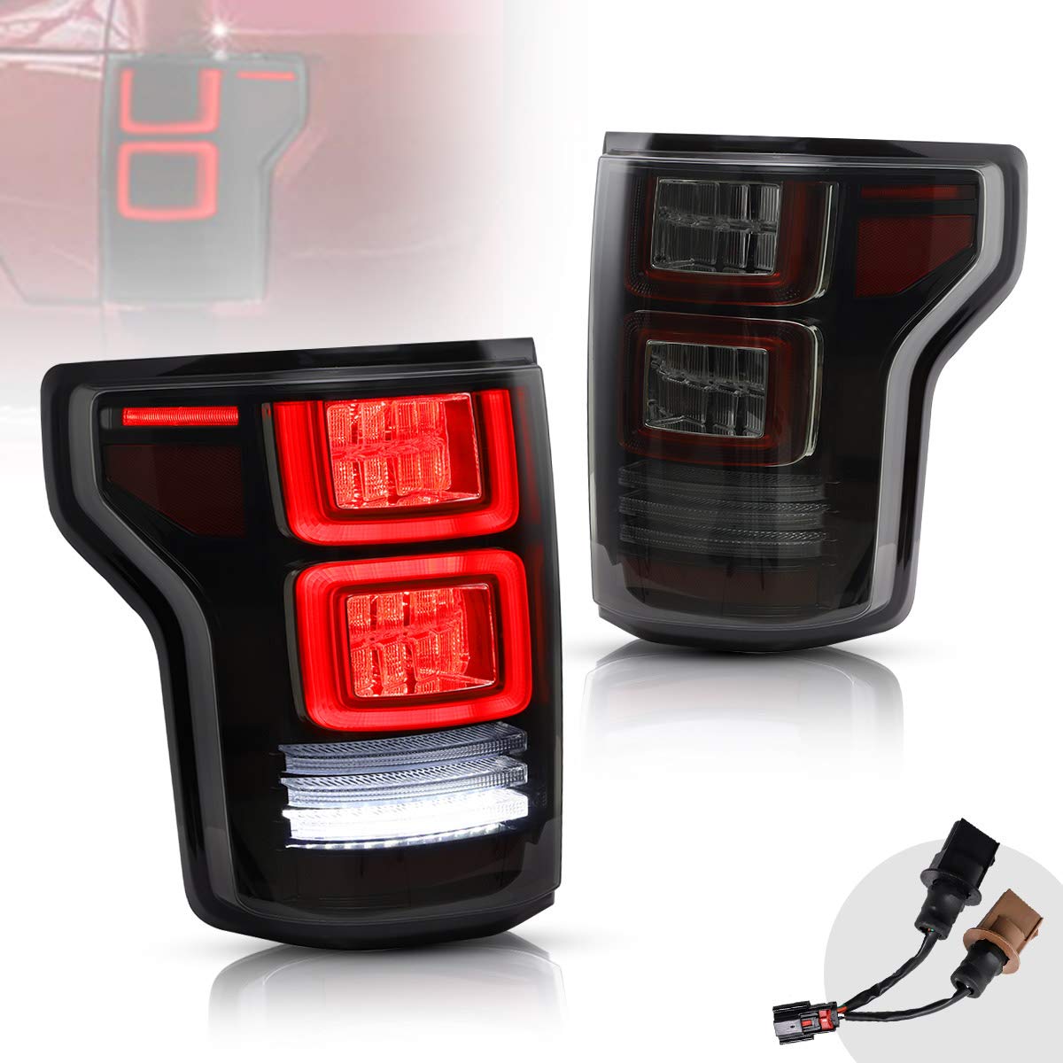 VLAND LED Tail Lights for Ford F150 Pickup 2015-2020 - Smoked Lens with Red Turn Signals - Direct Replacement for Halogen Factory Lights (Not Compatible with XLT/Lariat, BLIND Model & Factory LED Version) - Perfect for Night Driving & Enhanced Vehicle Style