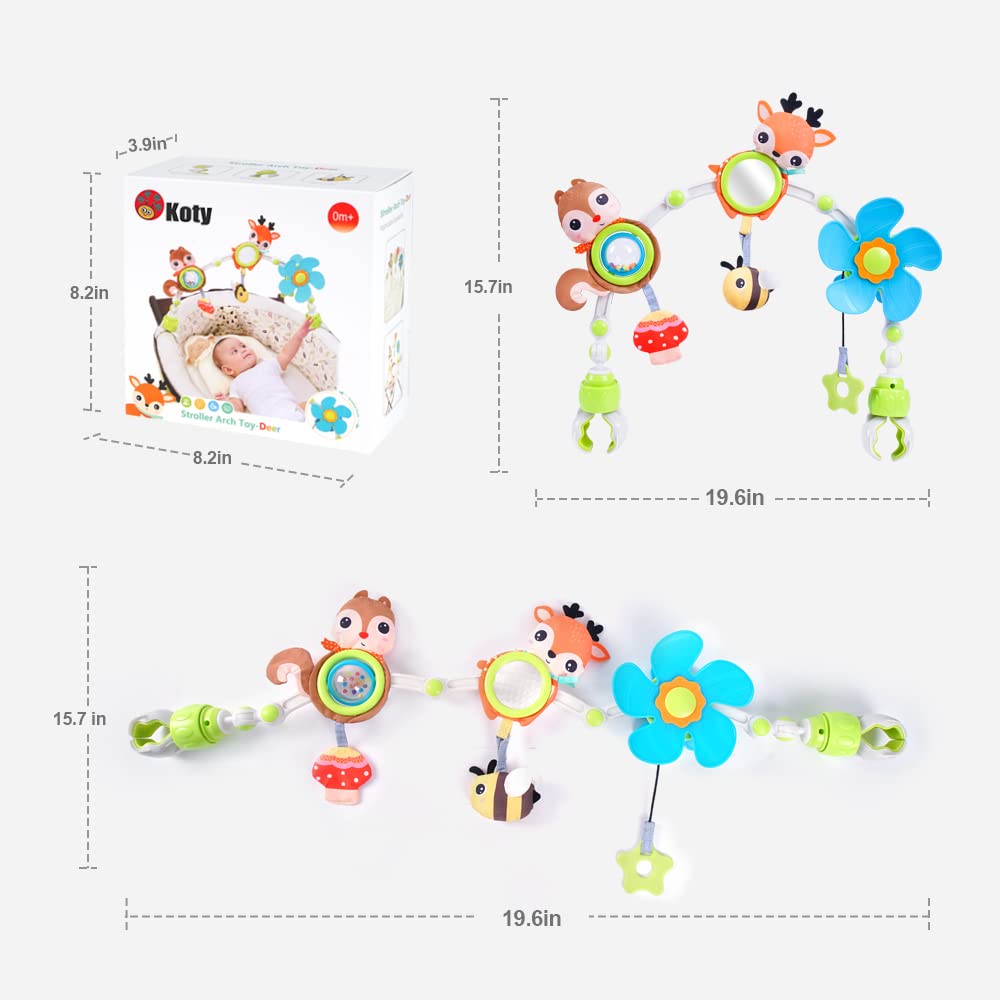 Koty Baby Stroller Arch Toy with Teether, Rattle, Crinkle Sound, Mirror & Music Box - Sensory Activity Toy for Newborns 0-12 Months - Adjustable for Car Seats, Strollers & Bouncers - Perfect for Travel, Playtime & Developmental Stimulation (Deer Design)