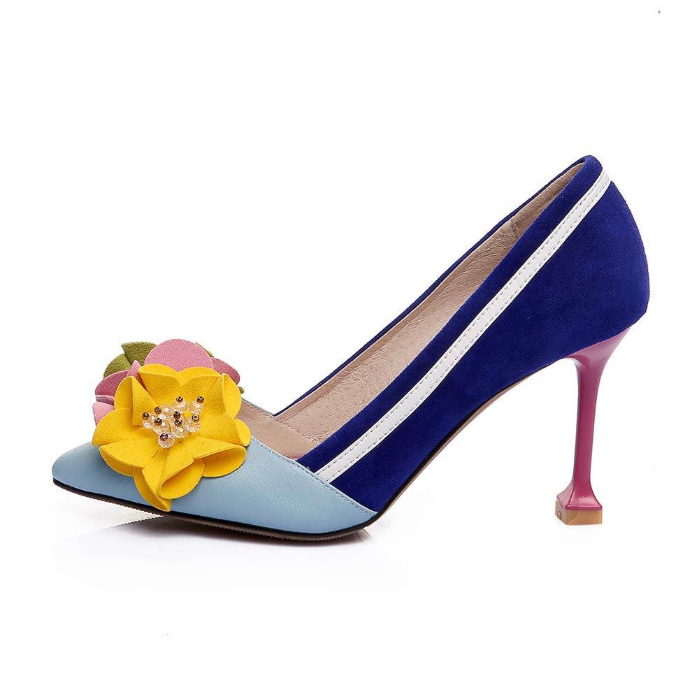 Elegant Women's Suede Leather Handmade Pointed Toe Stiletto Heel Pumps with Floral Design - Mid/High Heel Dress Shoes for Party, Wedding & Office Wear