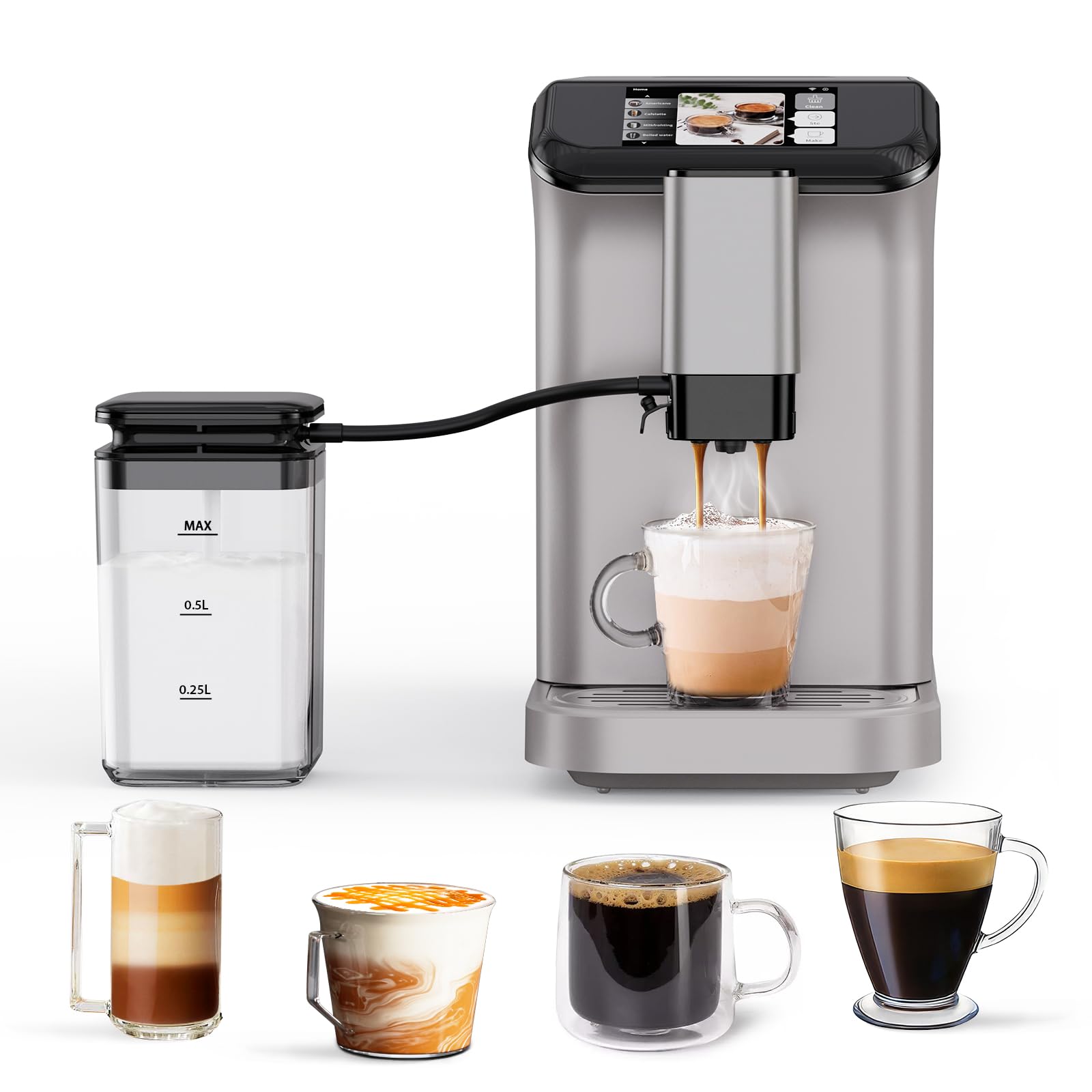 Fully Automatic Espresso Machine with Built-in Grinder & Milk Frother - 1.5L Water Tank, Touch Display for Latte, Cappuccino, Iced Coffee - Perfect for Home & Office Use