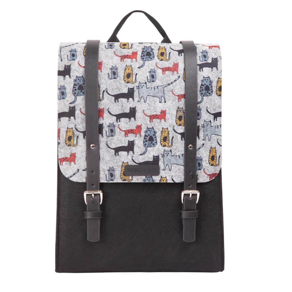 Biggdesign Women's Cat Felt Backpack - Stylish Laptop Backpack for College Students, Teens & Girls with Roomy Pockets - Comfortable Large Travel Backpack for School, Work & Daily Commute - Cute Animal Print Design
