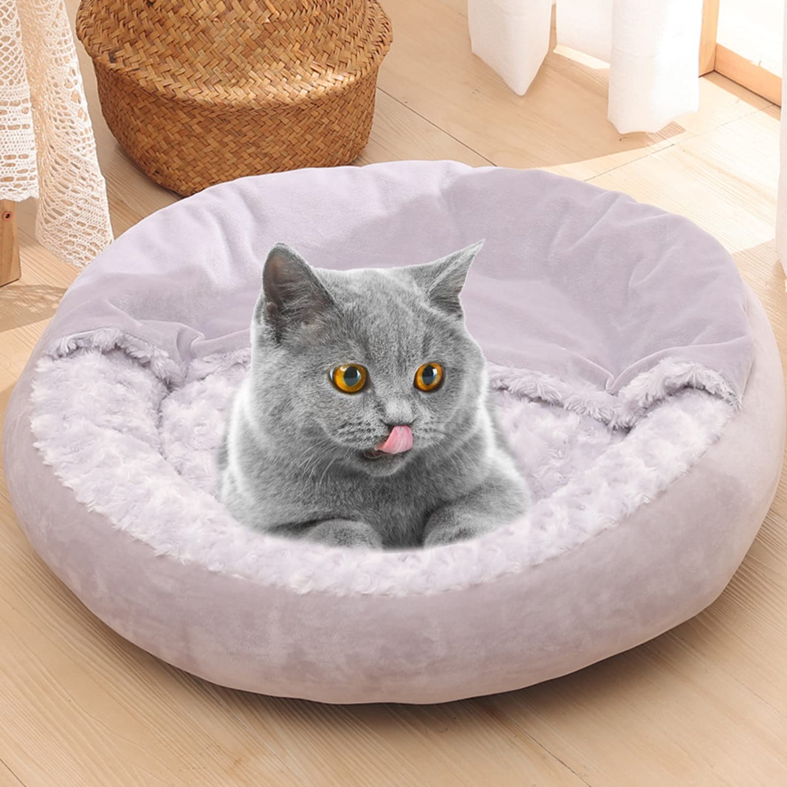 Soft Plush Round Cat Bed with Hooded Cave & Non-Skid Bottom - Machine Washable Donut Dog Bed for Small Pets - Cozy Puppy Cushion Mat for Indoor Napping & Burrowing