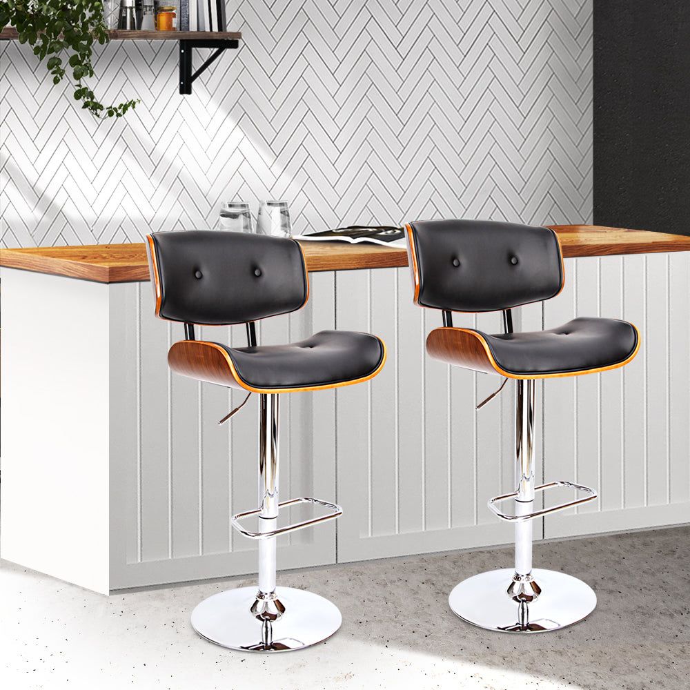 Adjustable Height 2-Pack Black Leather Bar Stools with Gas Lift Mechanism - Perfect for Kitchen Islands, Bars, and Home Decor