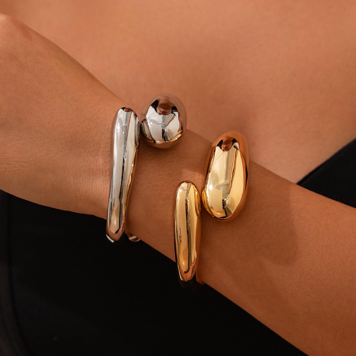 18K Gold Plated Chunky Cuff Bangle Bracelet Set for Women - Open Teardrop Design, Wide Wire Minimalist Jewelry - Perfect for Parties, Weddings & Everyday Wear