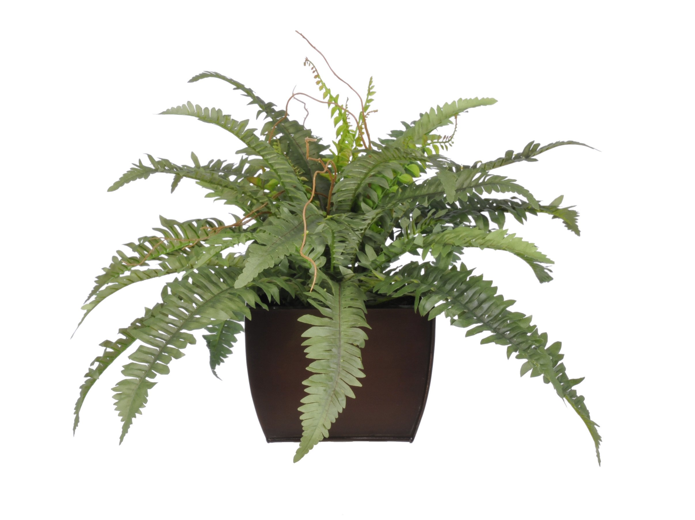 Artificial Fern Silk Plant - Small Glossy Brown Zinc Pot - Perfect for Home Decor, Office Desk & Wedding Centerpieces
