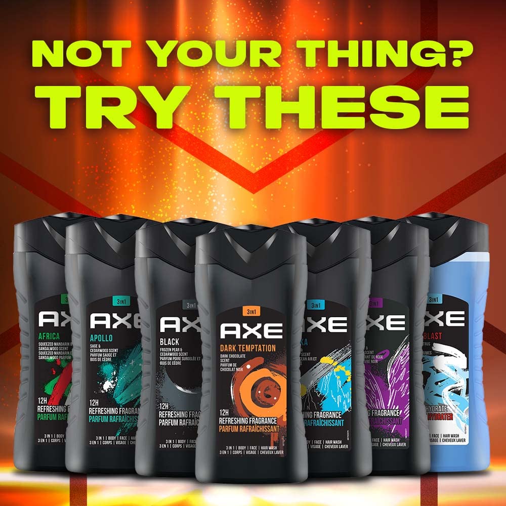 AXE Dark Temptation 3-in-1 Body Wash, Face Wash & Shampoo for Men | Long-Lasting Dark Chocolate Scent | Natural Ingredients | Odor & Bacteria Protection | Dermatologist Tested 8.4oz | Perfect for Gym, Travel & Daily Shower Routine