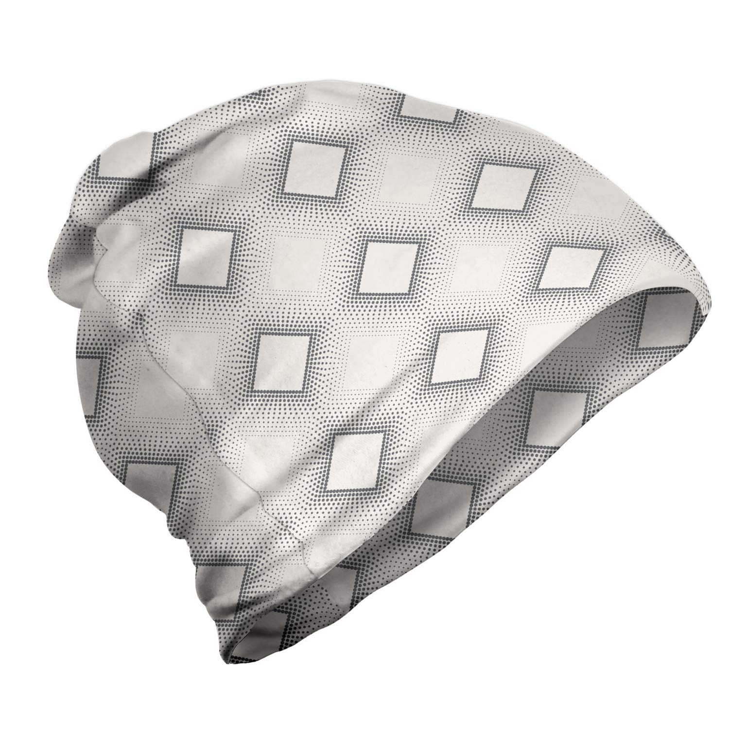 Ambesonne Unisex Beanie - Stylish Rhombus Dot Pattern Winter Hat for Men & Women - Warm Grey & White Knit Beanie for Hiking, Skiing & Outdoor Activities
