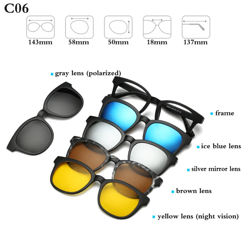 Belmon Unisex Square Eyeglasses with 5 Clip-On Sunglasses - Lightweight Blue Light Blocking Glasses for Men & Women - Perfect for Reading, Driving, and Outdoor Activities (RS159)