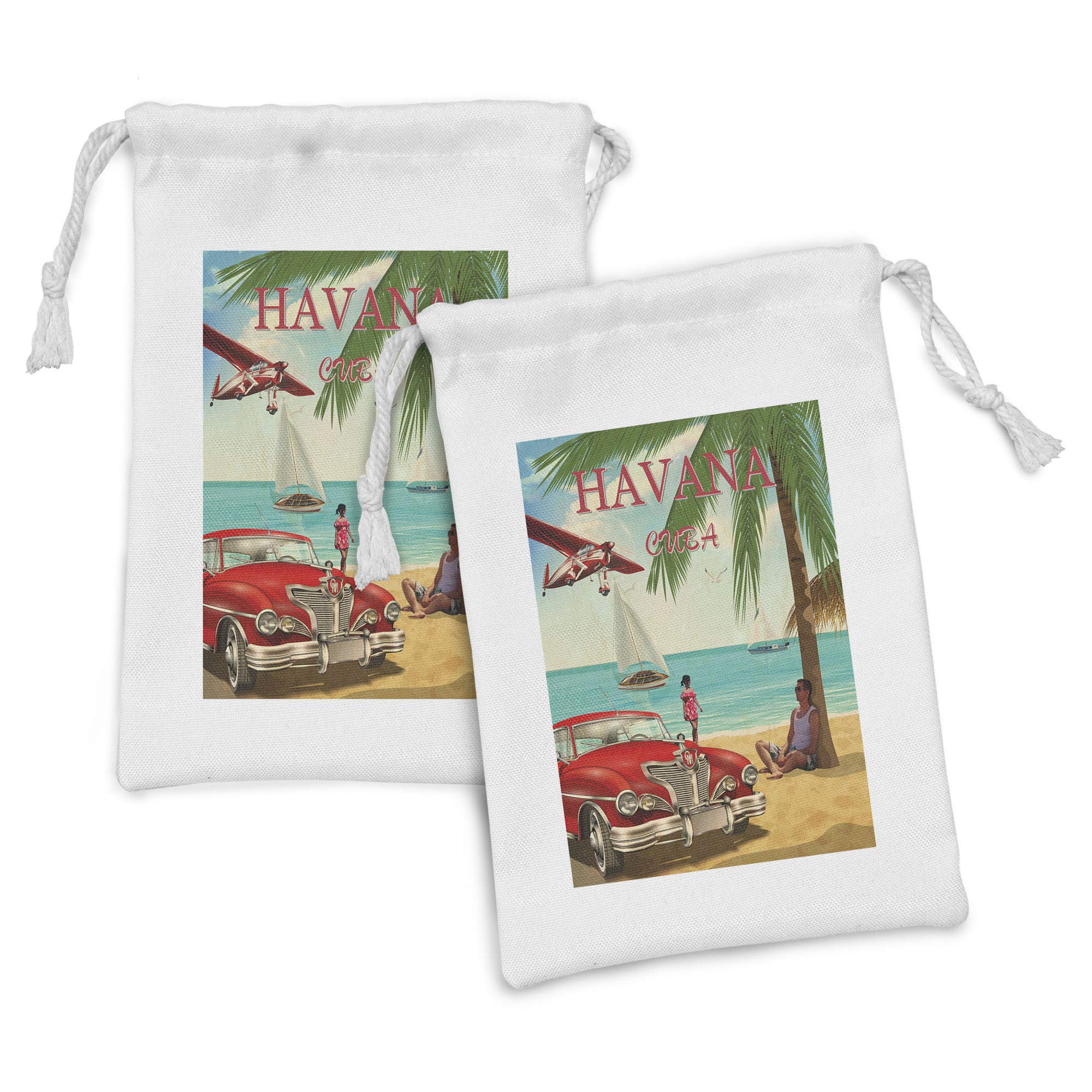 Ambesonne Travel Fabric Pouch Set of 2 - Vintage Havana Cuba Themed Drawstring Bags with Retro Tropical Beach Design (9