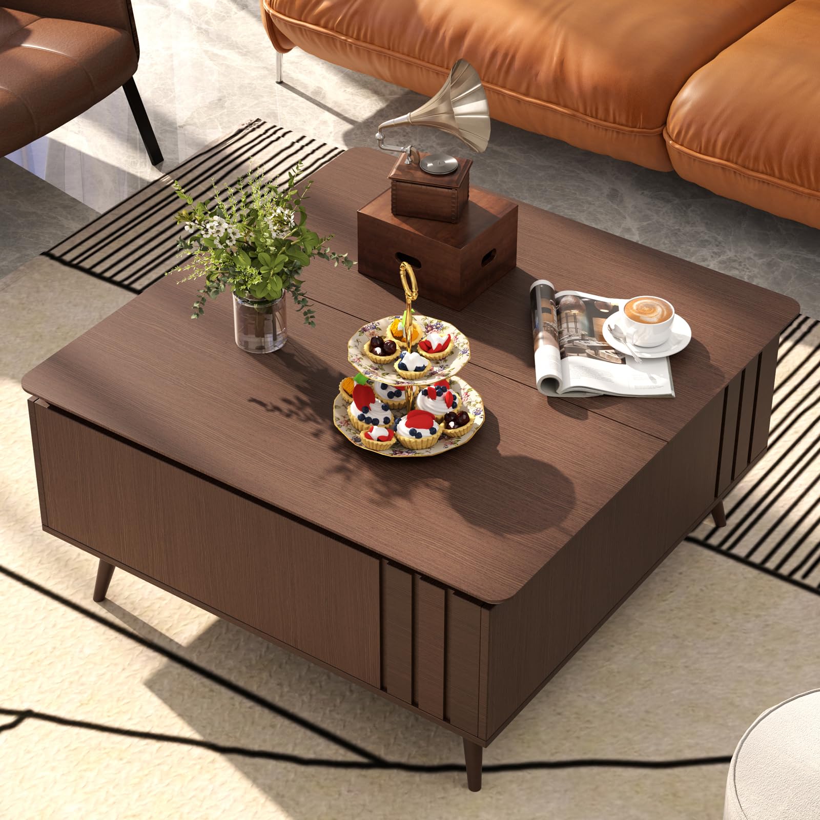 Lift Top Coffee Table with Storage, Mid Century Modern Square, Dark Walnut, Ideal for Living Room, Home Office, and Dining, Functional and Stylish