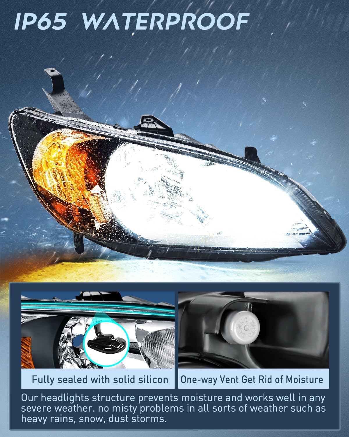 2004-2005 Honda Civic Headlight Assembly - Black Housing with Amber Reflector & Clear Lens Upgrade | Improved Visibility for Night Driving & Foggy Conditions