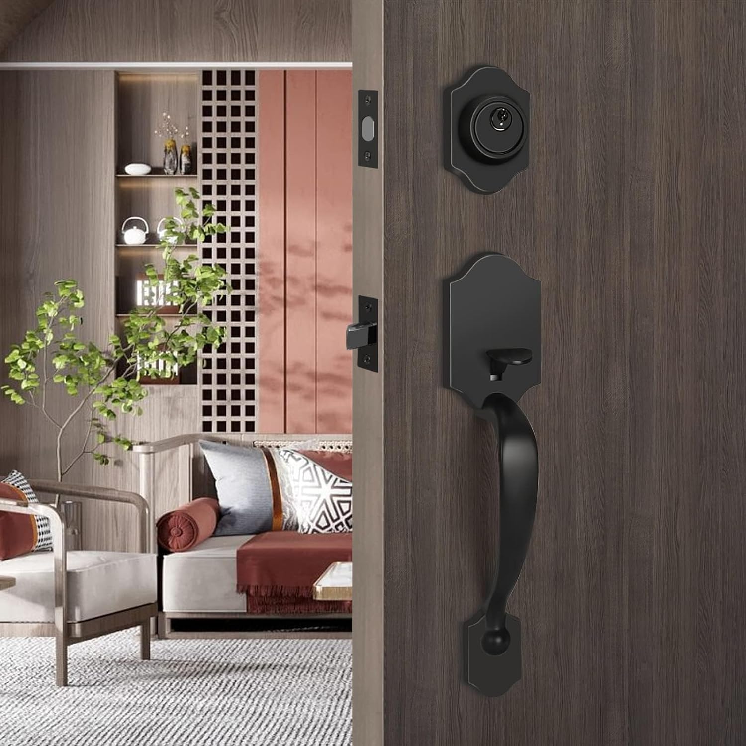 Premium Matte Black Front Door Handle & Deadbolt Set - Single Cylinder Entry Door Lock with Reversible Lever - Secure Exterior Door Lockset for Homes, Apartments & Offices