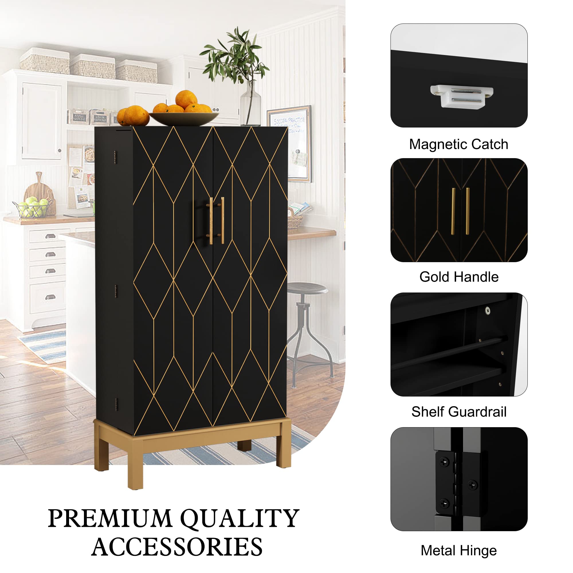 ARTPOWER 45-Inch Kitchen Pantry Cabinet with Gold Trim - Adjustable Shelves & Doors - Black Storage Cabinet with Gold Legs for Kitchen, Dining Room & Living Room - Perfect for Organizing Food, Dishes & Home Essentials