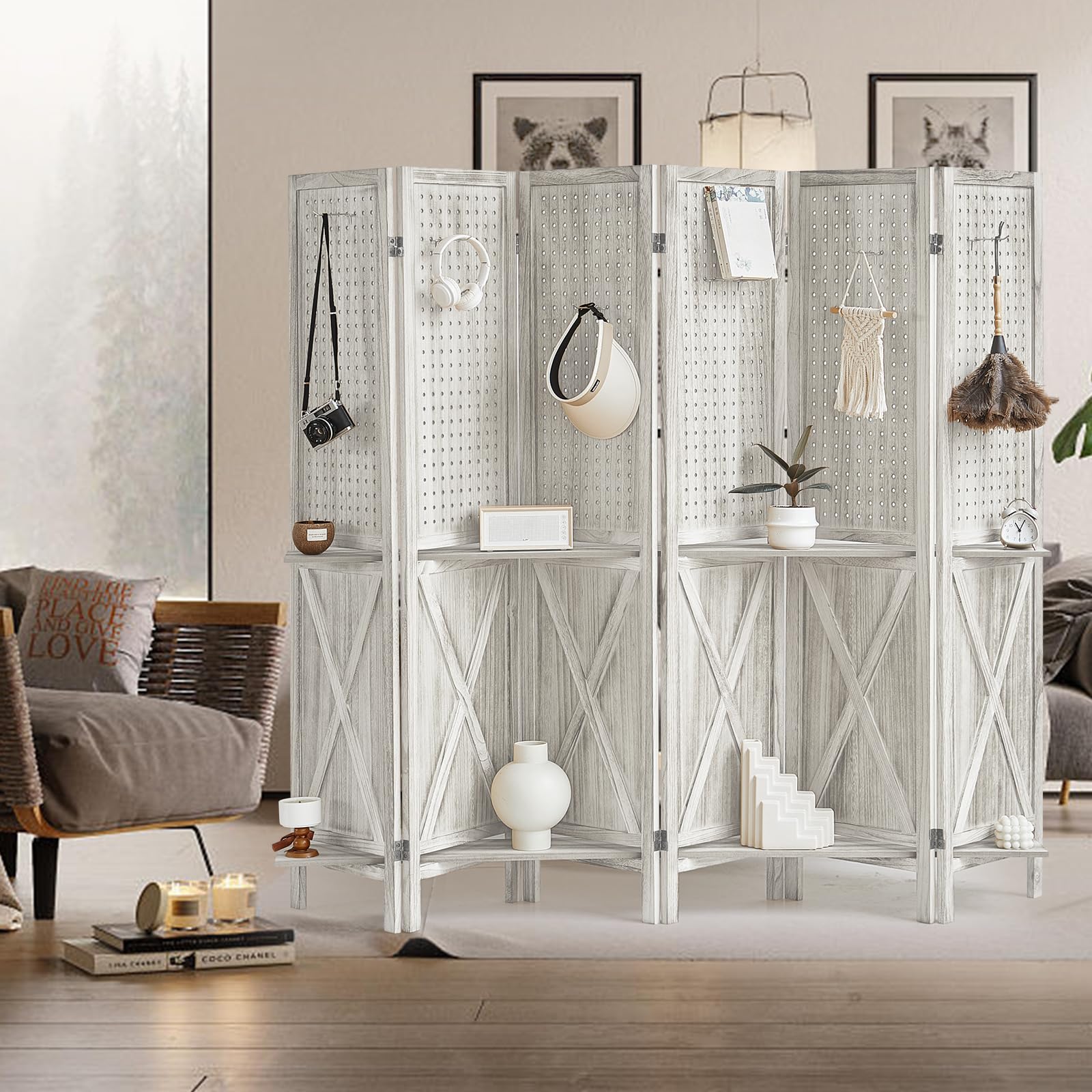 6 Panel Wood Room Divider with Shelves - Foldable Privacy Screen & Pegboard Display - Portable Partition Wall for Home, Office, Store (Off White) - Perfect for Space Division, Room Organization & Retail Displays