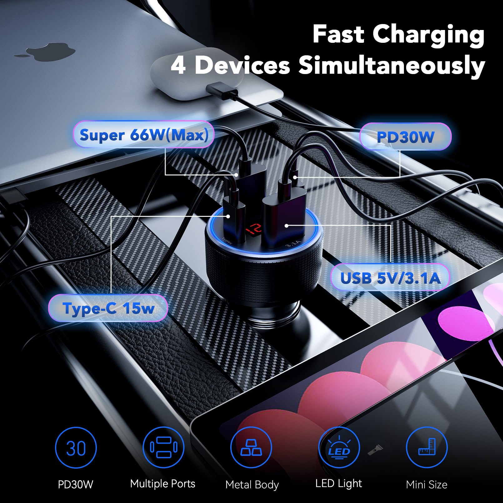 Fast Charging 4-Port USB C Car Charger with Voltmeter - Dual USB C & USB A Ports for iPhone, Samsung Galaxy, iPad & Tablets - Compact Metal Cigarette Lighter Adapter (Black) - Perfect for Road Trips, Commuting & Multi-Device Charging